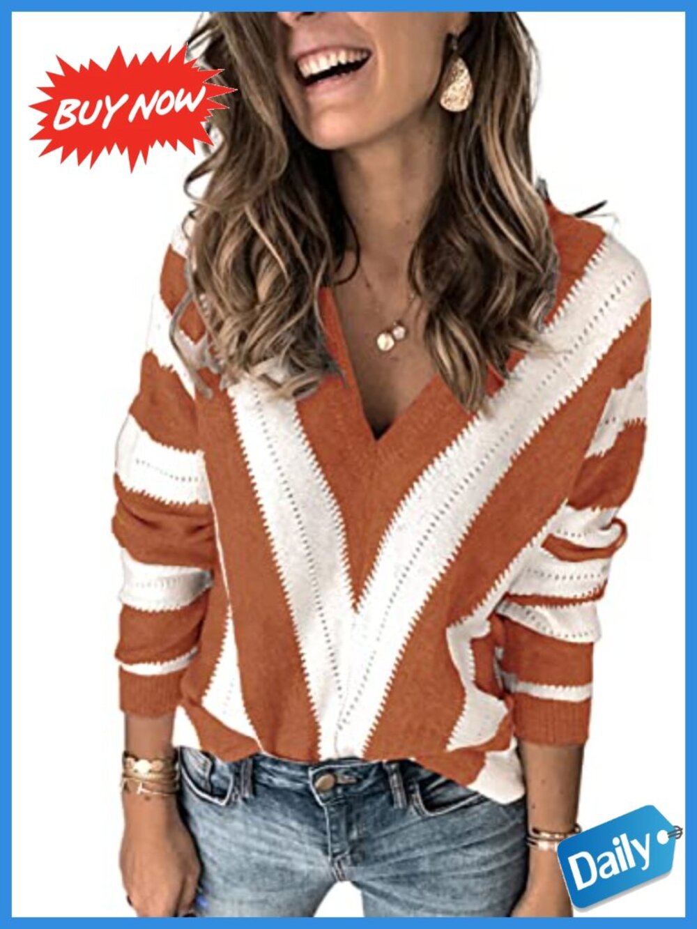 V-Neck Long Sleeve Pullover Sweater Loose Knit Cozy Fall Winter